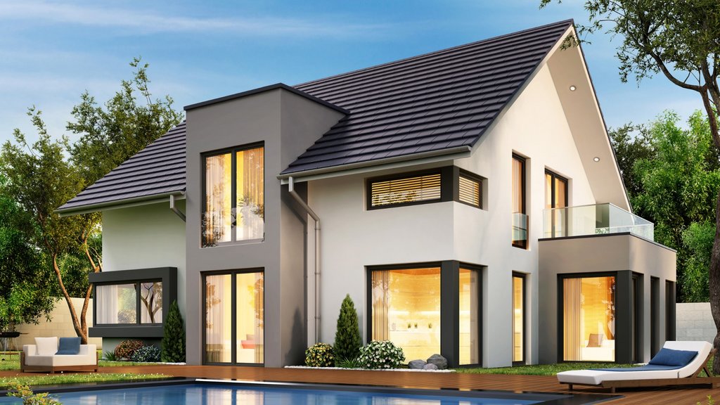 Modernes zweistöckiges Einfamilienhaus mit großen Fenstern, Balkon, Garten, Holzterrasse und Pool bei Tageslicht